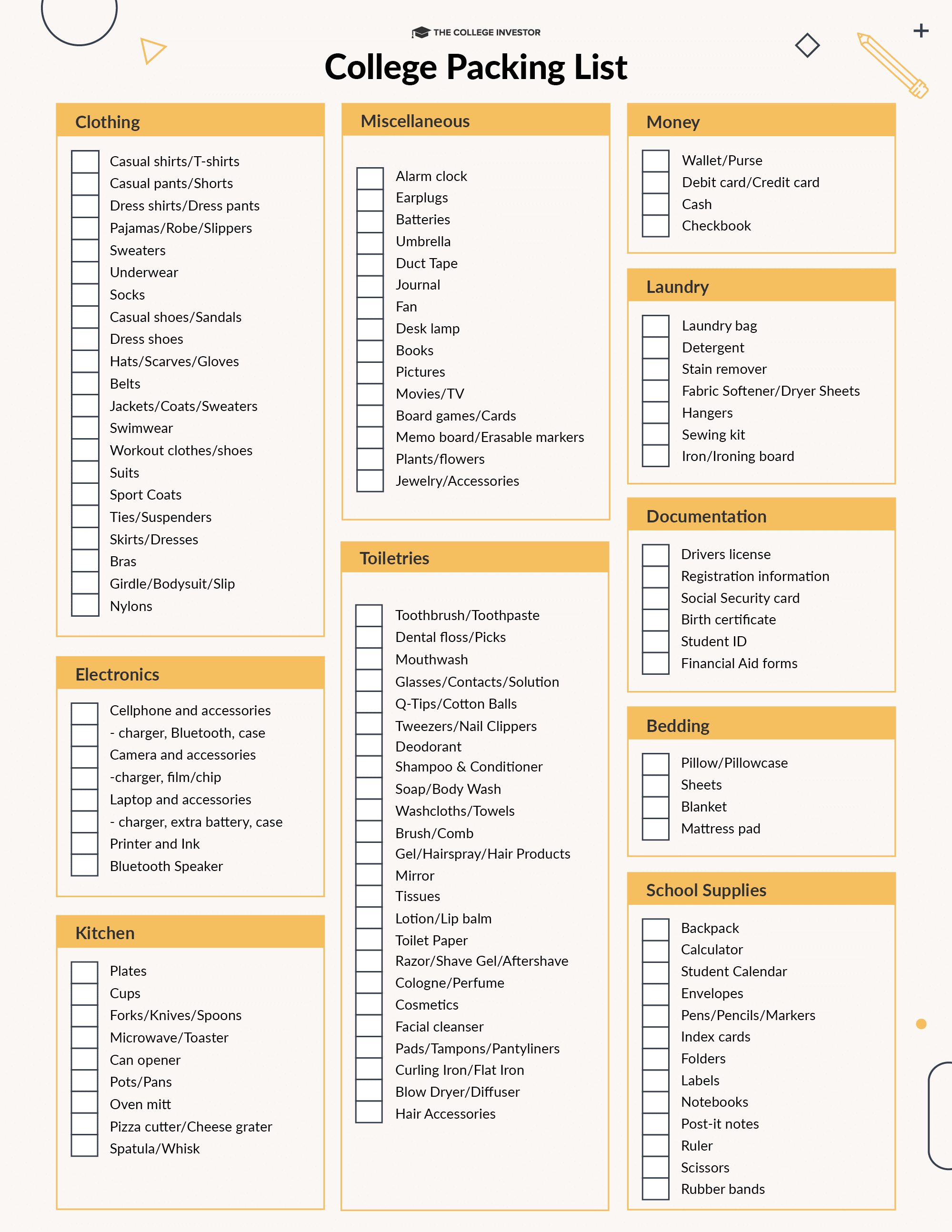 College Investor Ultimate College Packing List