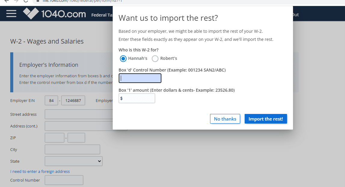 1040.com review: Screenshot of how to upload W2
