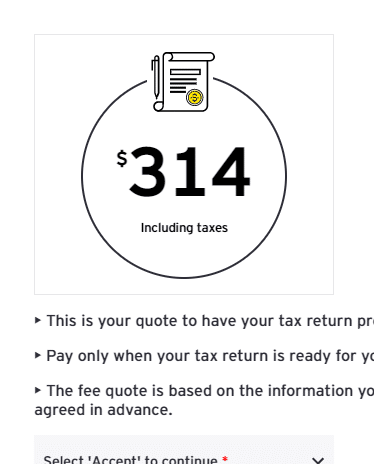 Screenshot of an EY TaxChat price quote for a simple return