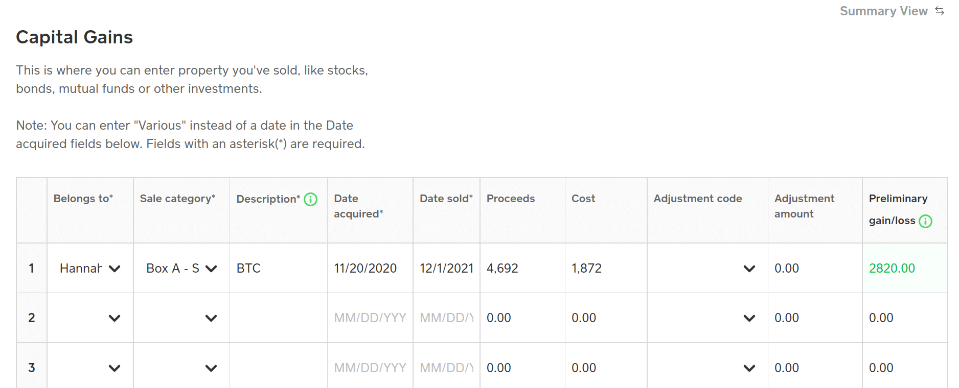 Screenshot of Cash App taxes trade entry page