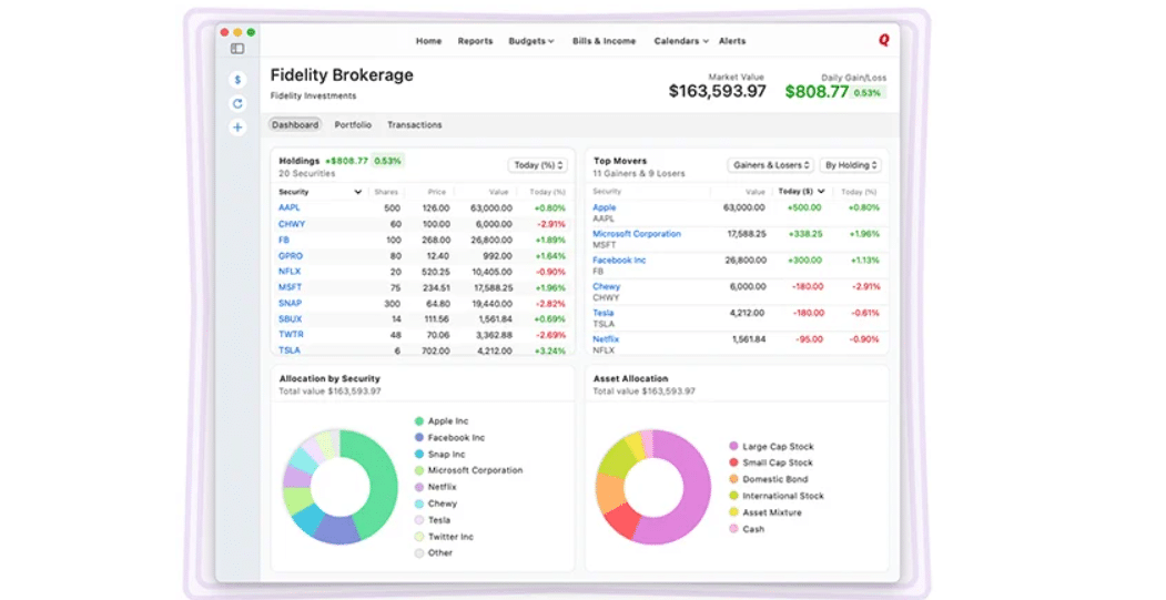 Quicken investing dashboard