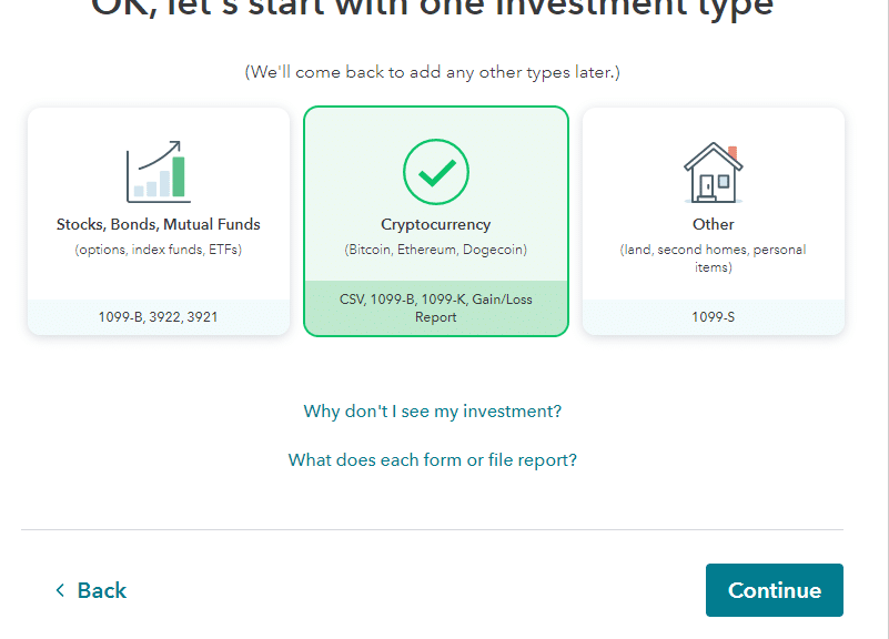 Screenshot TurboTax Crypto Selection