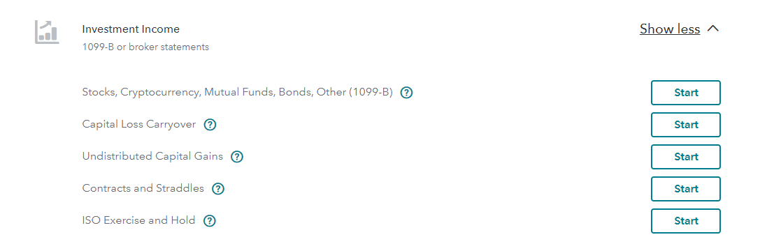Screennshot of TurboTax Investment Section